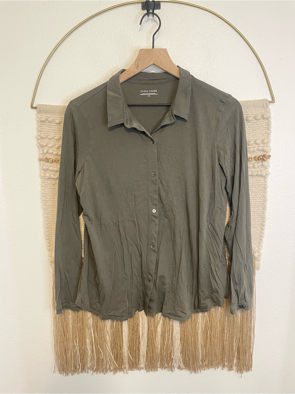 Eileen Fisher Organic Cotton Button Down Shirt Olive Green L